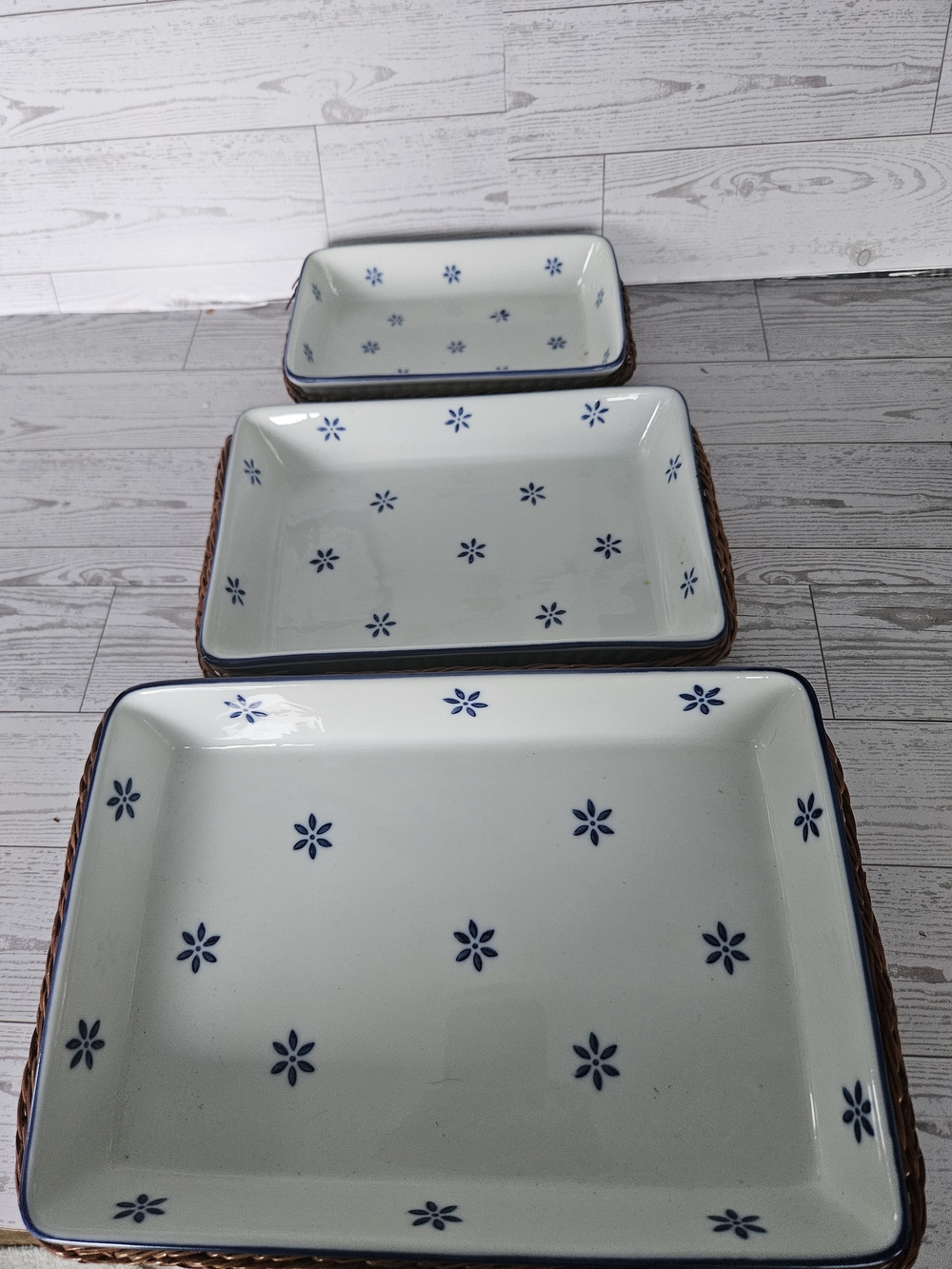 Set of 3 Rectangular Ceramic Serving Trays - Blue Floral Pattern Vintage